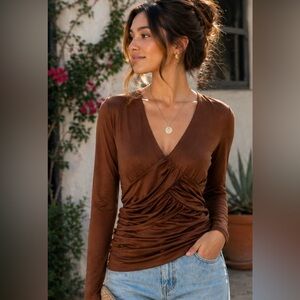 Women’s Brown Ruched V-Neck Long Sleeve Top by